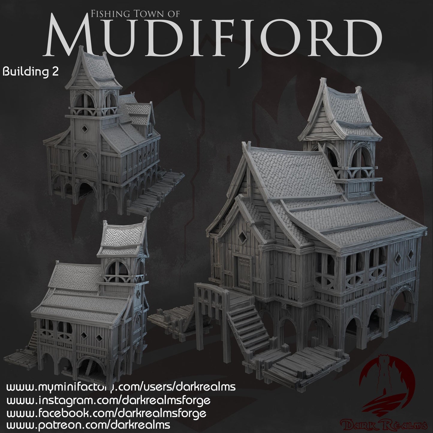 Modular Nordic wharf tavern with dockside tower, playable interiors, arched stilt supports, and wraparound decking—designed for immersive coastal or Viking-style tabletop adventures.