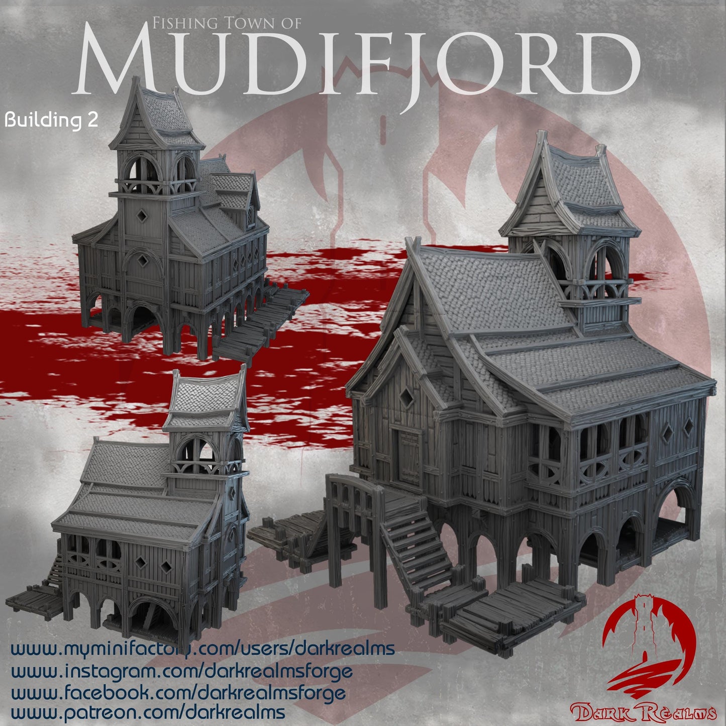 Modular Nordic wharf tavern with dockside tower, playable interiors, arched stilt supports, and wraparound decking—designed for immersive coastal or Viking-style tabletop adventures.