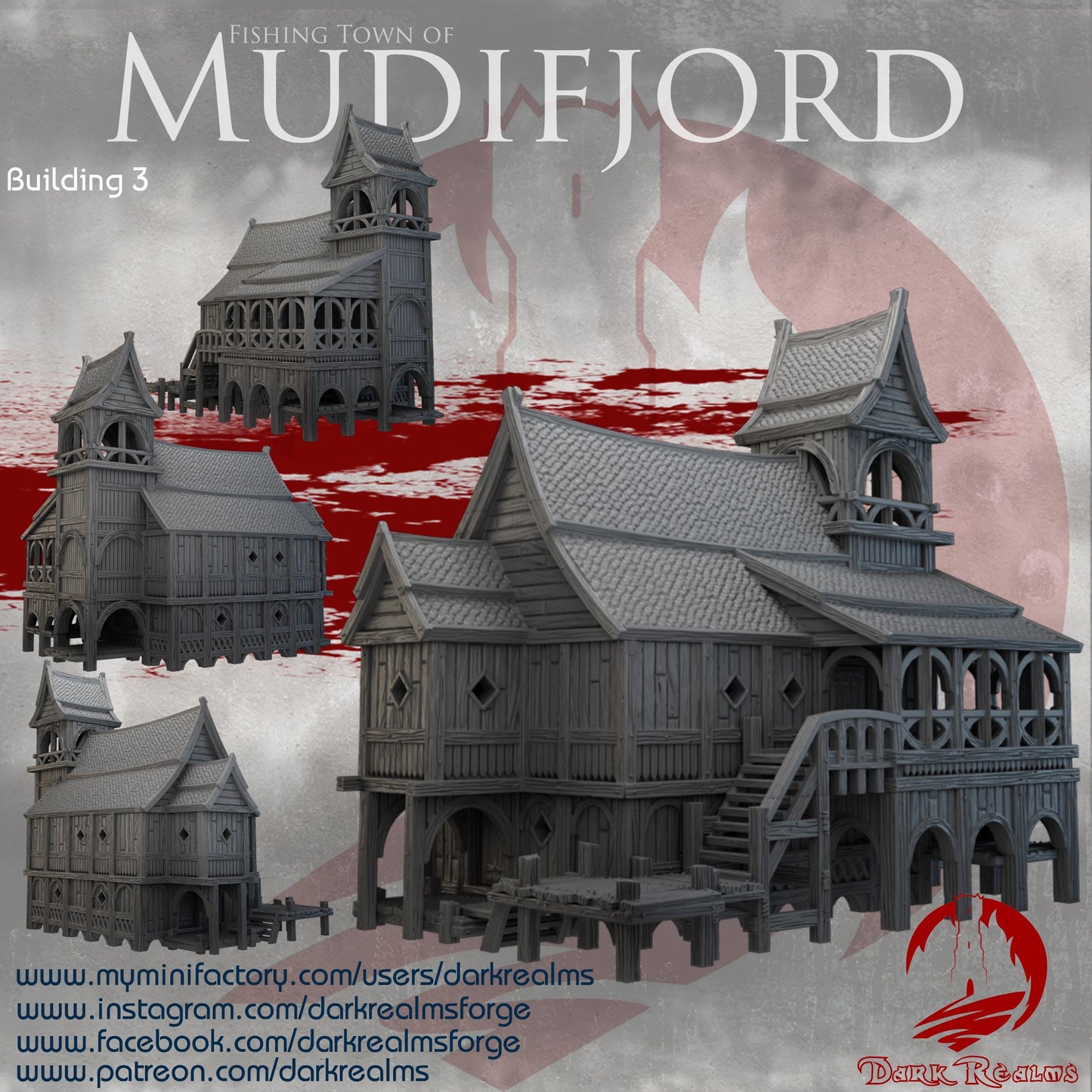 Two-story Nordic hall with tower bell, dockside walkways, removable roof, and full interior rooms—ideal for fjord-town adventures, Viking ports, or seaside fantasy campaigns.