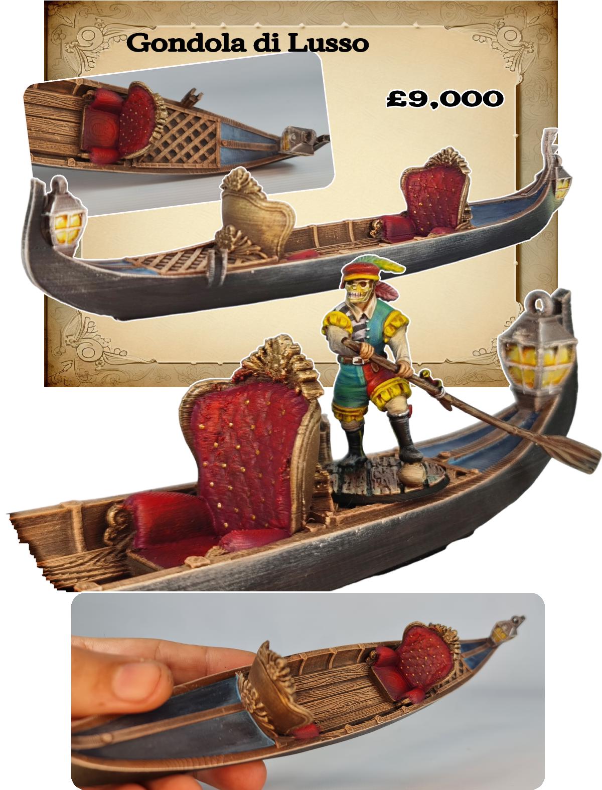 A luxurious Venetian gondola glides through the canals, its carved wooden sides gleaming with gold trim. Rich red cushions invite passengers to relax while a gondolier guides the boat past the city’s storied facades. A scene of elegance and intrigue unfolds, waiting for adventurers to board.