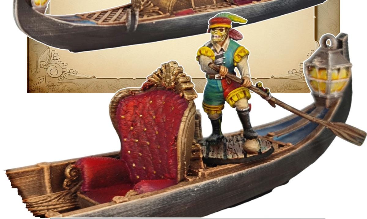A luxurious Venetian gondola glides through the canals, its carved wooden sides gleaming with gold trim. Rich red cushions invite passengers to relax while a gondolier guides the boat past the city’s storied facades. A scene of elegance and intrigue unfolds, waiting for adventurers to board.