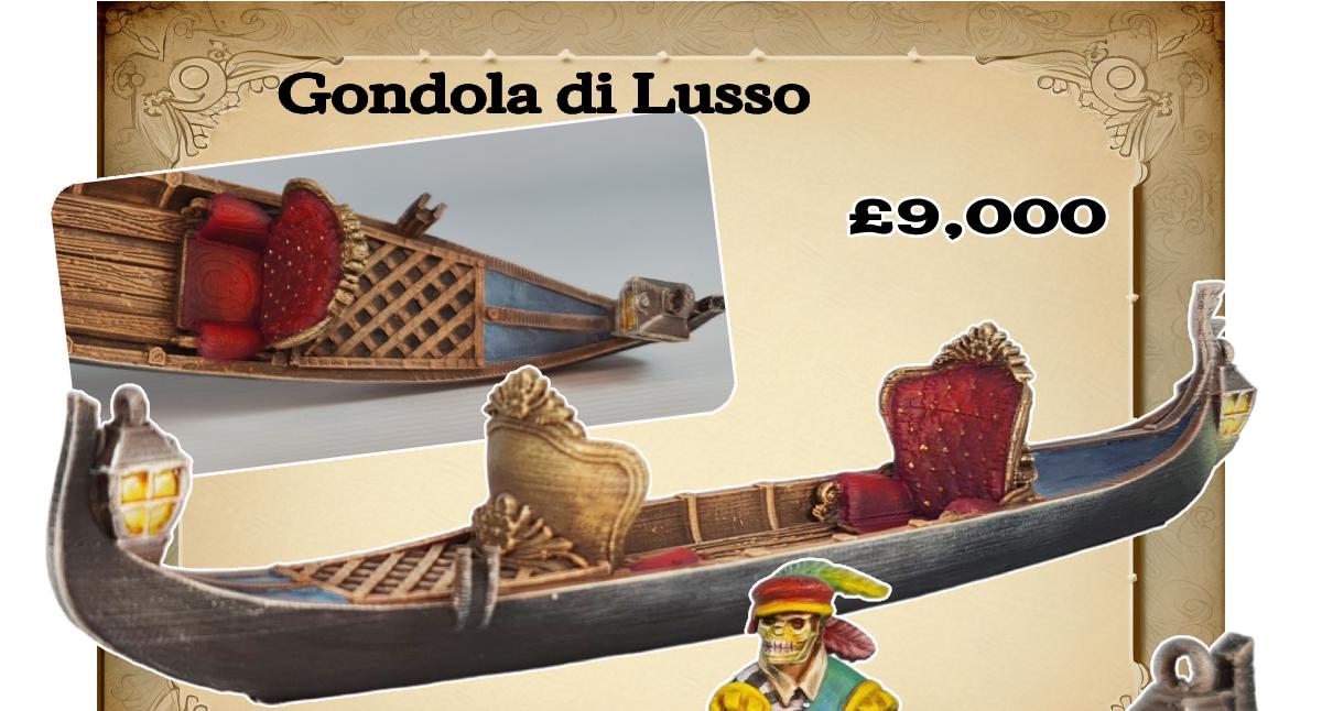 A luxurious Venetian gondola glides through the canals, its carved wooden sides gleaming with gold trim. Rich red cushions invite passengers to relax while a gondolier guides the boat past the city’s storied facades. A scene of elegance and intrigue unfolds, waiting for adventurers to board.