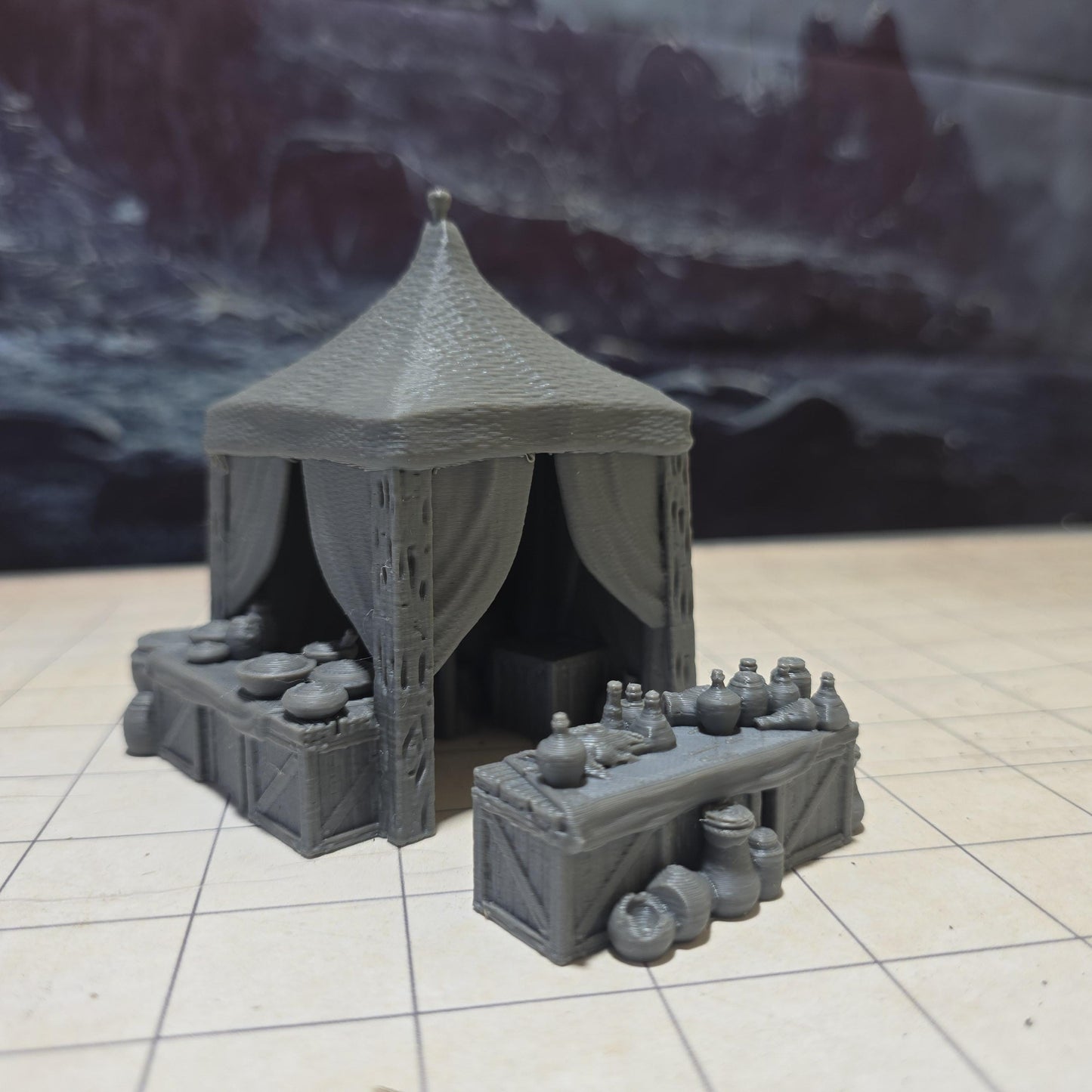 Covered Market Tent: Medieval Pottery Merchant's Setup - Tabletop RPG Scenery, Handcrafted Textile Detail