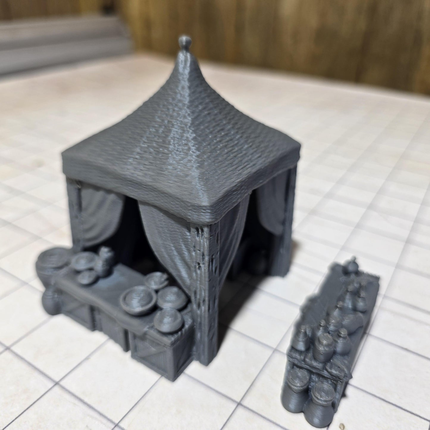 Covered Market Tent: Medieval Pottery Merchant's Setup - Tabletop RPG Scenery, Handcrafted Textile Detail