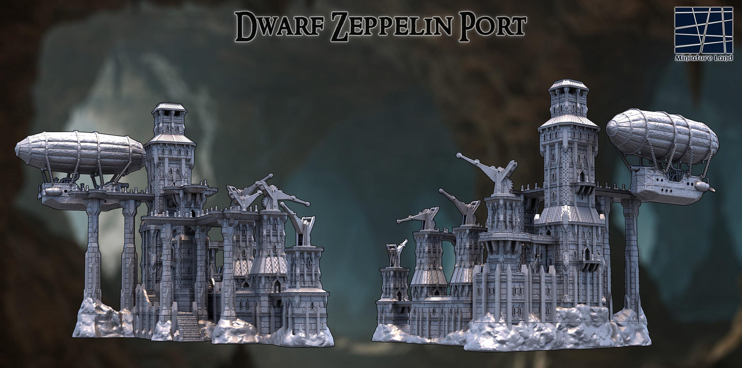 Command the skies from your dwarven mountain citadel — where zeppelins dock and stories begin.”
“No modular gimmicks — just a towering, fixed fortress with airship and cranes ready for battle.”
“The ultimate fantasy centerpiece terrain — defend the port or launch into high-altitude campaigns.”