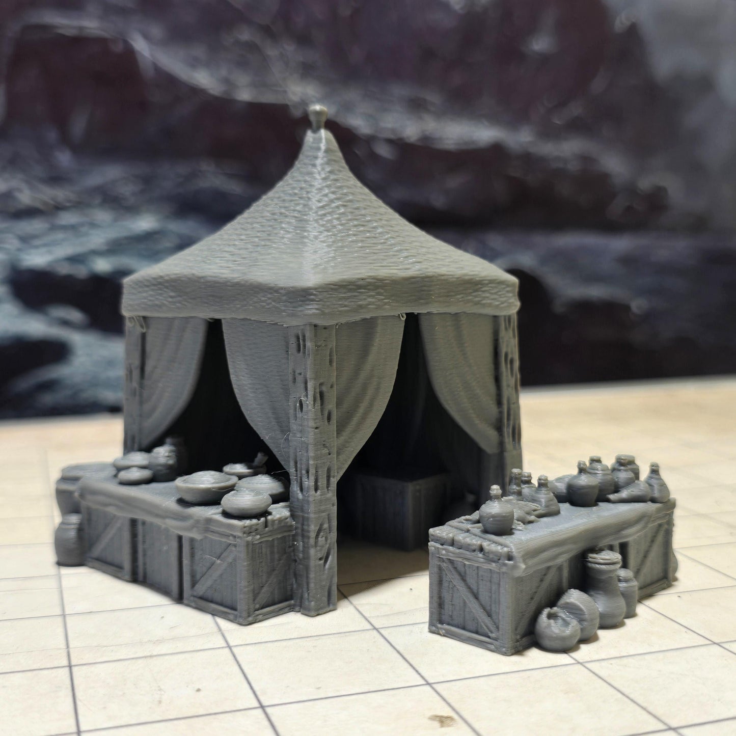 Covered Market Tent: Medieval Pottery Merchant's Setup - Tabletop RPG Scenery, Handcrafted Textile Detail