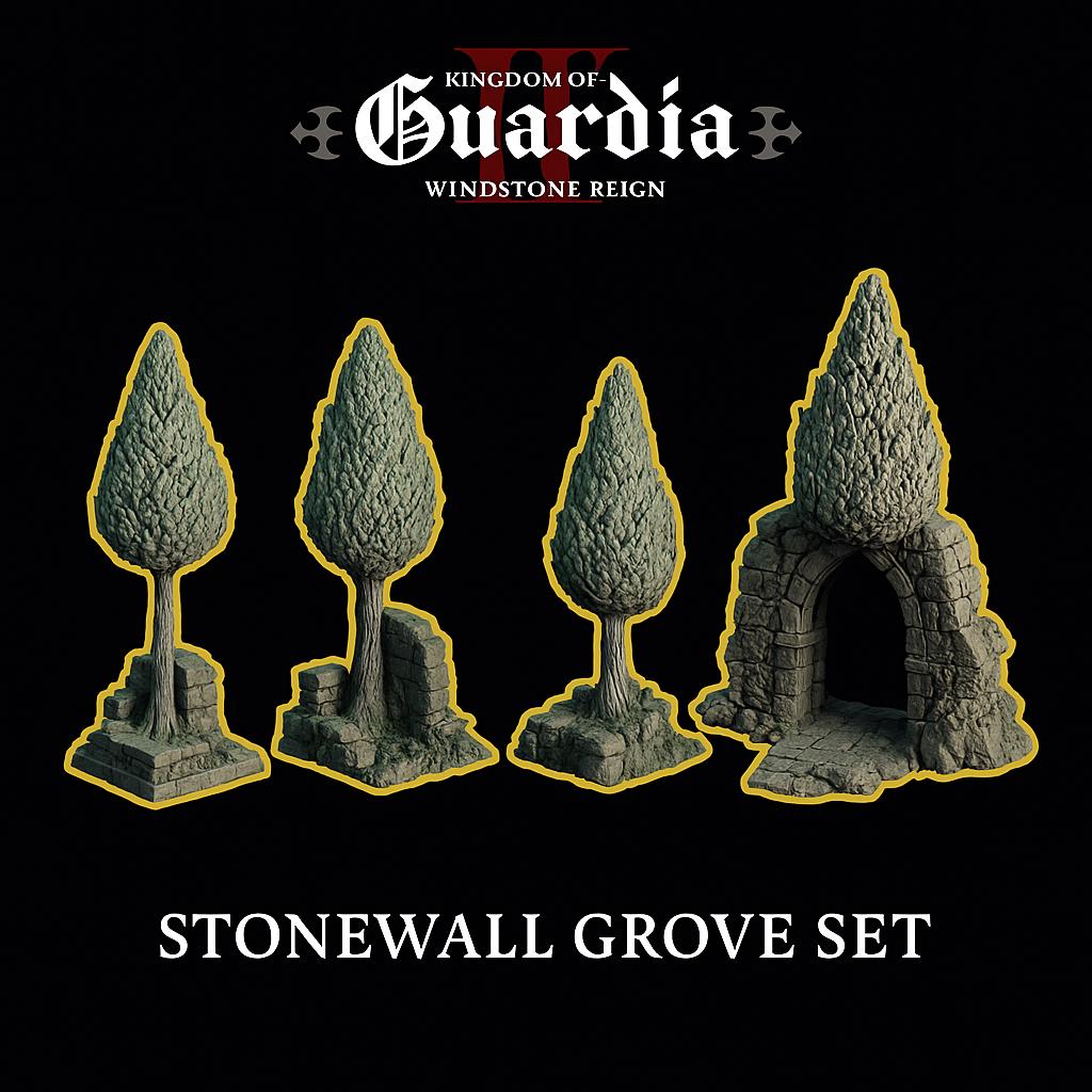 Towering trees rise from shattered stone β a forgotten woodland border where ruin meets regrowth. The Stonewall Grove watches silently, its roots wrapping around secrets long buried.