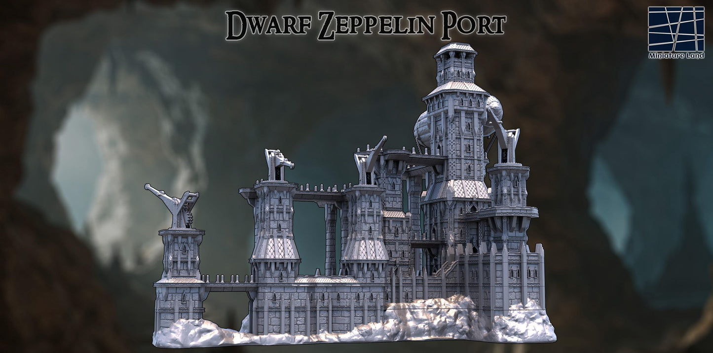 Command the skies from your dwarven mountain citadel — where zeppelins dock and stories begin.”
“No modular gimmicks — just a towering, fixed fortress with airship and cranes ready for battle.”
“The ultimate fantasy centerpiece terrain — defend the port or launch into high-altitude campaigns.”