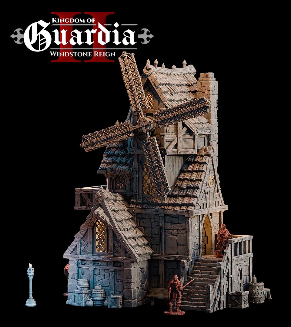 A towering windmill pierces the dark sky, each floor layered with secrets—from the cozy quarters of a lone keeper to the enigmatic gears still grinding above. Lit from within, this terrain piece beckons adventurers into its mysteries. Barrels, sacks, and crates scatter the exterior while removable levels reveal rooms built for story-rich exploration.