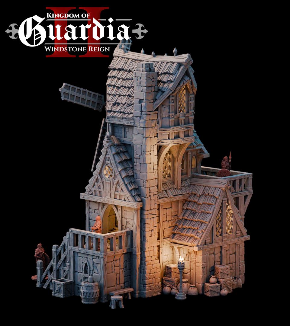 A towering windmill pierces the dark sky, each floor layered with secrets—from the cozy quarters of a lone keeper to the enigmatic gears still grinding above. Lit from within, this terrain piece beckons adventurers into its mysteries. Barrels, sacks, and crates scatter the exterior while removable levels reveal rooms built for story-rich exploration.