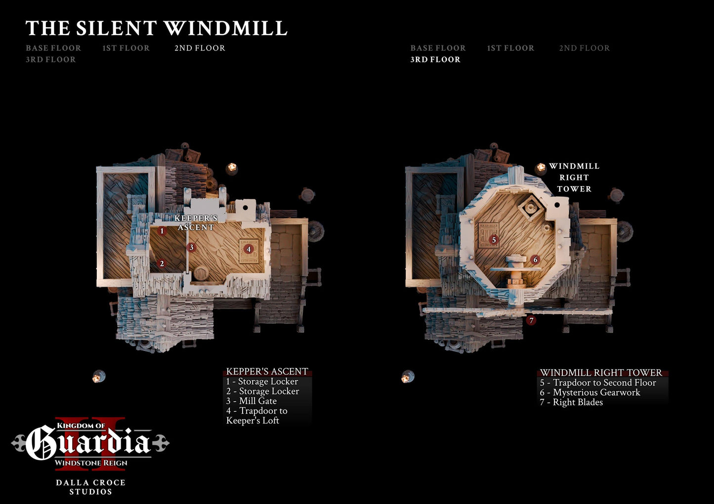 A towering windmill pierces the dark sky, each floor layered with secrets—from the cozy quarters of a lone keeper to the enigmatic gears still grinding above. Lit from within, this terrain piece beckons adventurers into its mysteries. Barrels, sacks, and crates scatter the exterior while removable levels reveal rooms built for story-rich exploration.