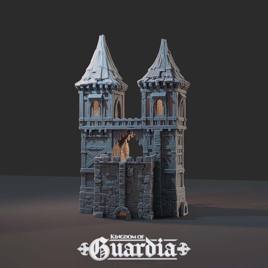 Two towering spires guard a weathered stone archway, lit from within by lanterns and hidden sentries. Stone stairs ascend to the battlements while narrow walkways and timber halls link patrol routes. This is no simple checkpoint—this gate was built to last.