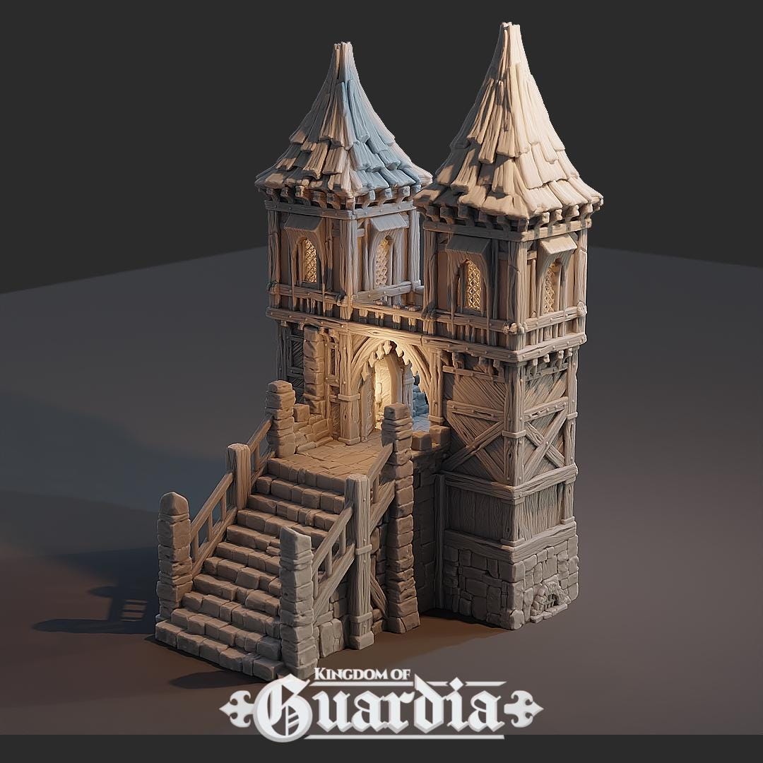 Two towering spires guard a weathered stone archway, lit from within by lanterns and hidden sentries. Stone stairs ascend to the battlements while narrow walkways and timber halls link patrol routes. This is no simple checkpoint—this gate was built to last.