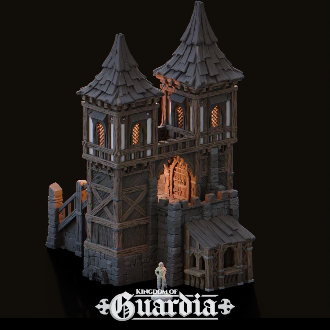 Two towering spires guard a weathered stone archway, lit from within by lanterns and hidden sentries. Stone stairs ascend to the battlements while narrow walkways and timber halls link patrol routes. This is no simple checkpoint—this gate was built to last.