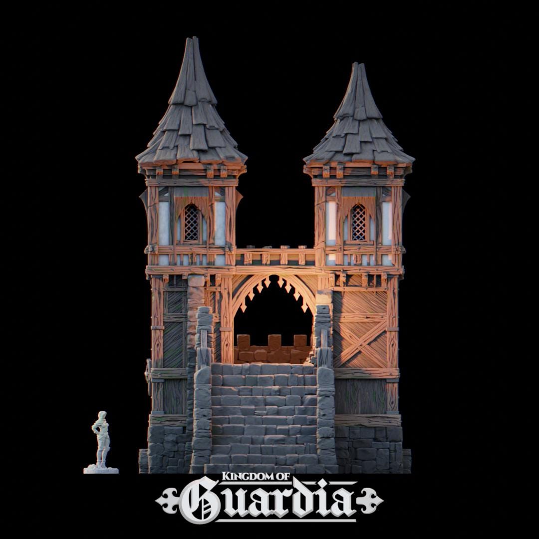 Two towering spires guard a weathered stone archway, lit from within by lanterns and hidden sentries. Stone stairs ascend to the battlements while narrow walkways and timber halls link patrol routes. This is no simple checkpoint—this gate was built to last.