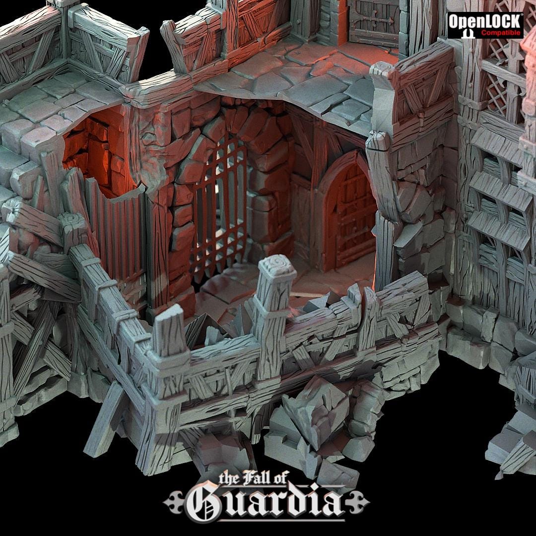 Cracked stone and broken timber reveal the bones of a once-mighty inn. A knight’s keep now lies shattered—its balconies warped, its watchtower breached. Light pours through gaping holes in its frame, illuminating tavern halls, dungeon stairs, and relics forgotten. A battlefield, a home, or a trap—only your story decides.