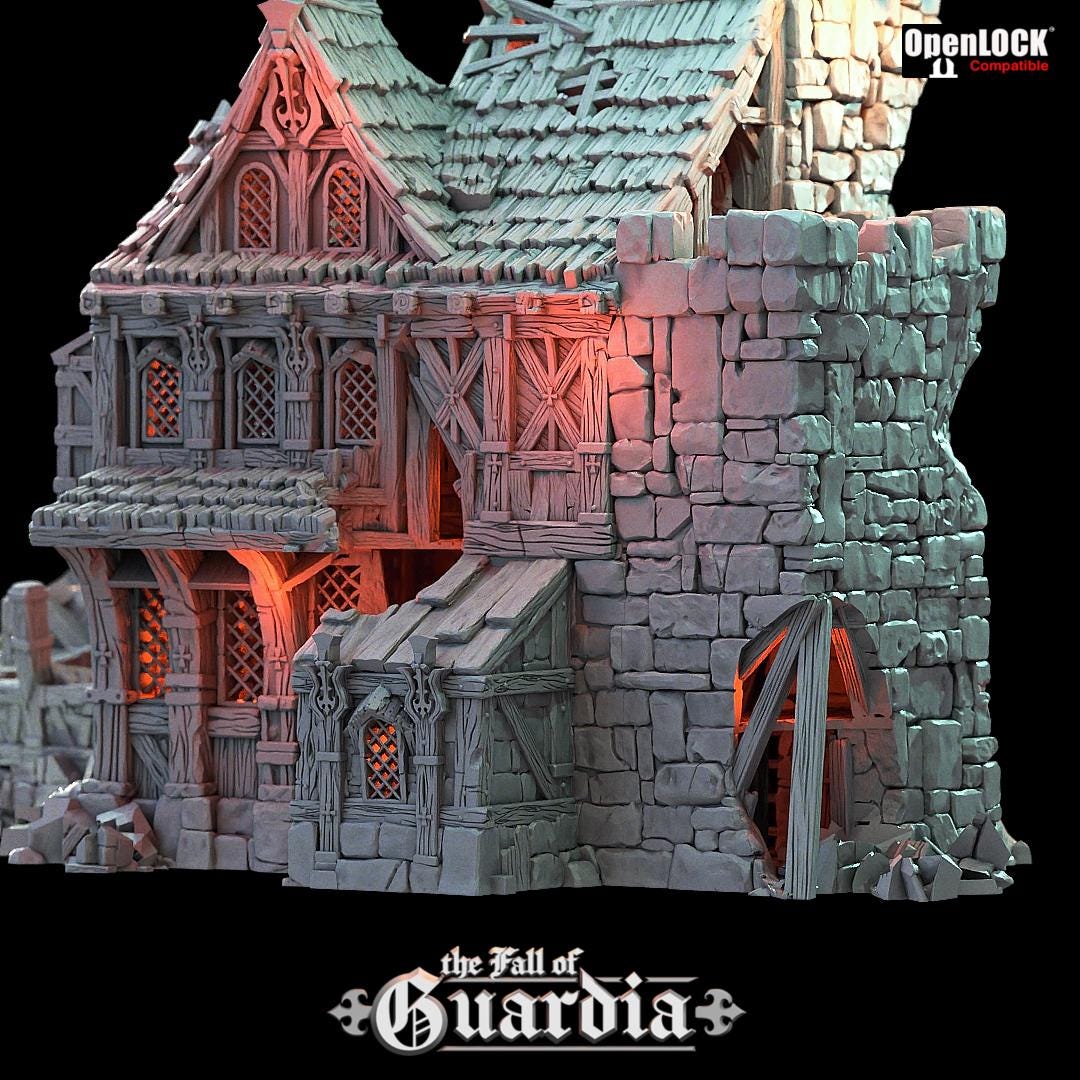 Cracked stone and broken timber reveal the bones of a once-mighty inn. A knight’s keep now lies shattered—its balconies warped, its watchtower breached. Light pours through gaping holes in its frame, illuminating tavern halls, dungeon stairs, and relics forgotten. A battlefield, a home, or a trap—only your story decides.