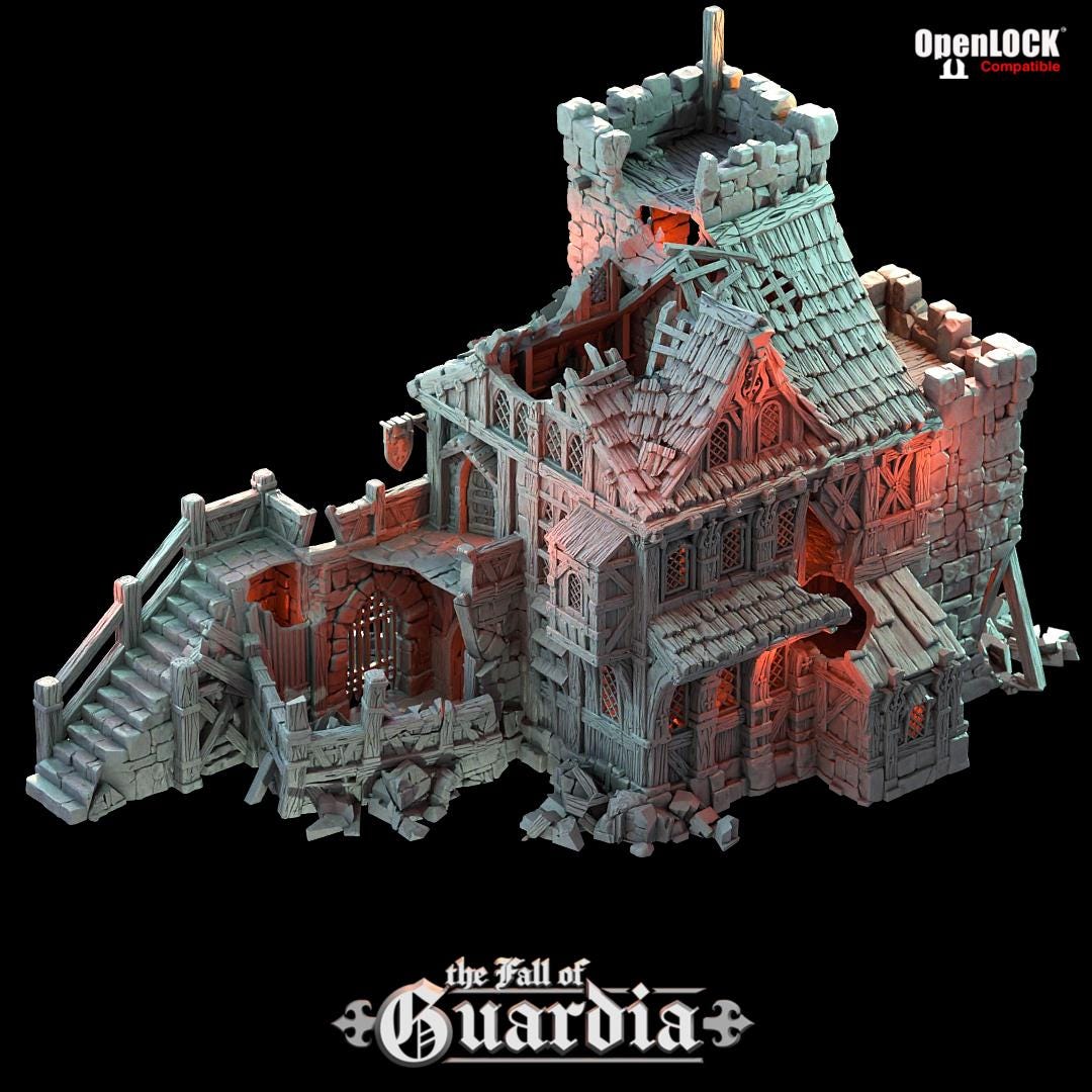 Cracked stone and broken timber reveal the bones of a once-mighty inn. A knight’s keep now lies shattered—its balconies warped, its watchtower breached. Light pours through gaping holes in its frame, illuminating tavern halls, dungeon stairs, and relics forgotten. A battlefield, a home, or a trap—only your story decides.