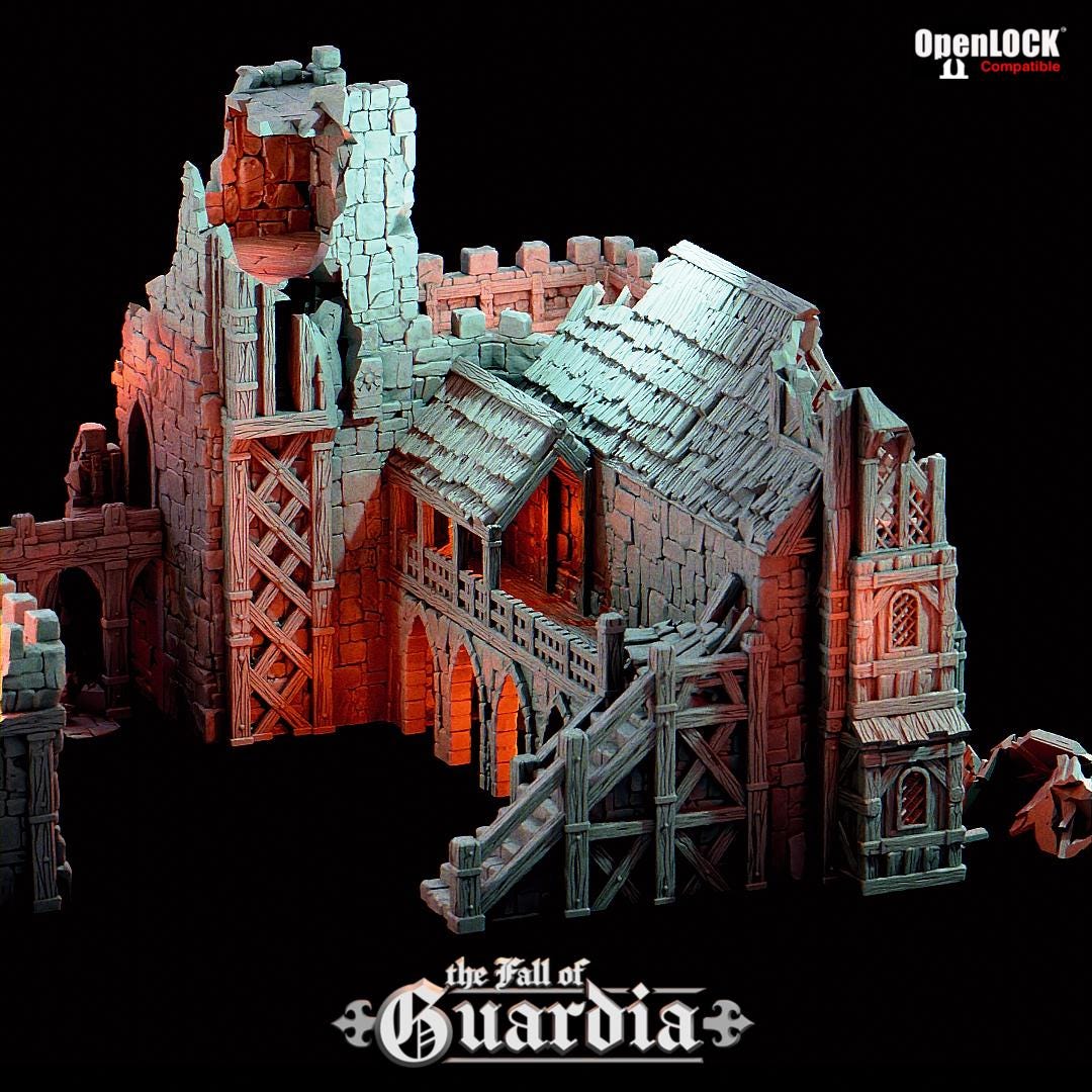 A war-torn corner of the ruined city: the shattered bell tower looms over the broken barracks, stone stairs leading into shadowed halls, while firelight flickers through crumbled windows. The fall of Guardia—etched in every stone.