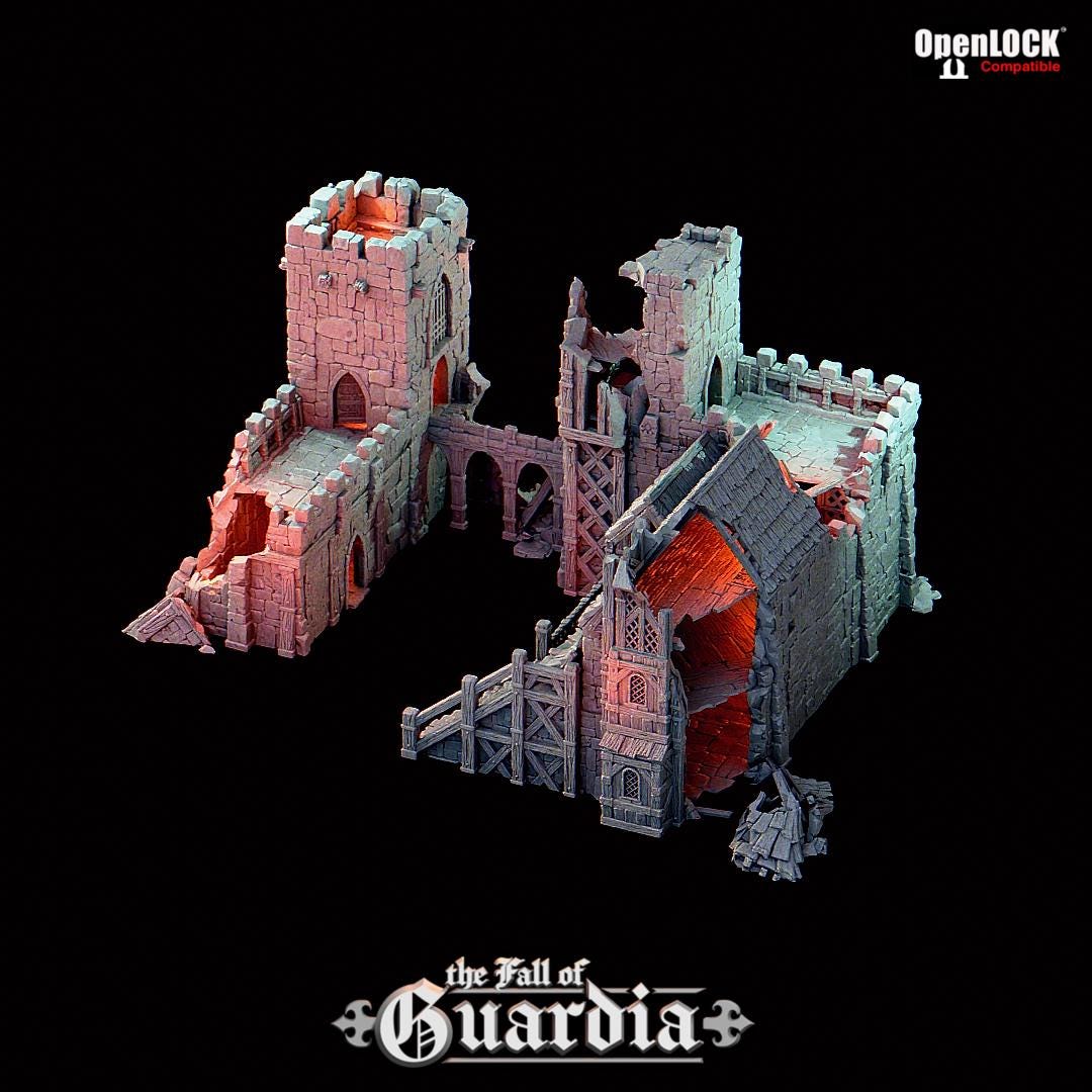The Fall of Guardia: Ruined Barracks & Bell Tower 28MM Tabletop Terrain, Model Railroading, Gaming