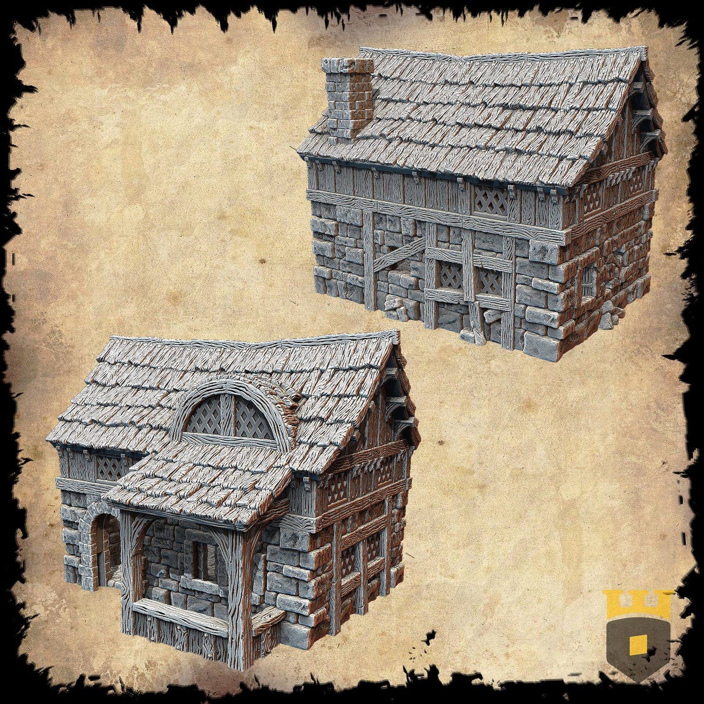 Small Commoners House: Medieval Stone and Timber Home Standard Tabletop Terrain, Gaming