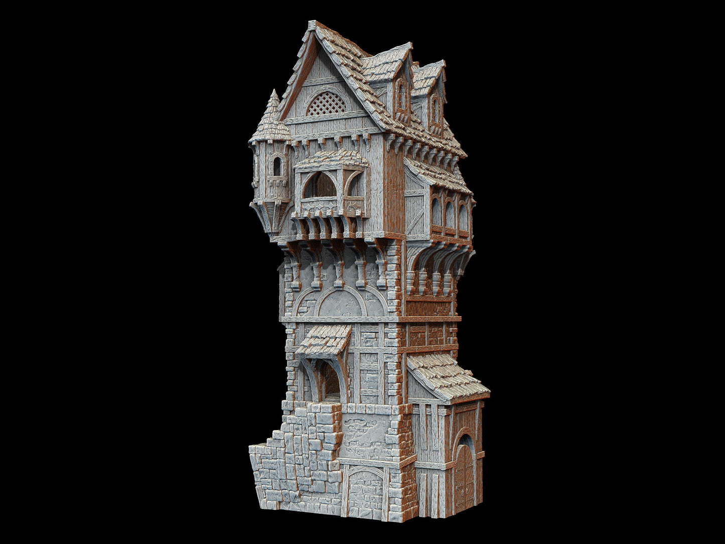 The Commoners Tower stands crooked and proud—wooden balconies sag above shadowed arches, stairs snake upward, and every floor tells a story worth fighting for.