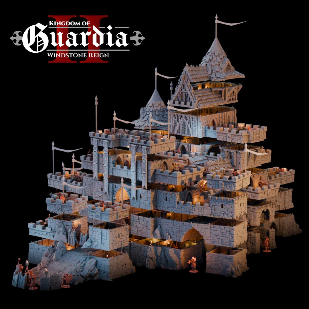 A massive six-level 3D-printed fantasy castle stands ready for siege, with torchlit towers, detailed battlements, a royal hall, and secret vaults visible in every layer. The towering spires and stone walls of Guardia's Keep are alive with story potential and tactical opportunity.