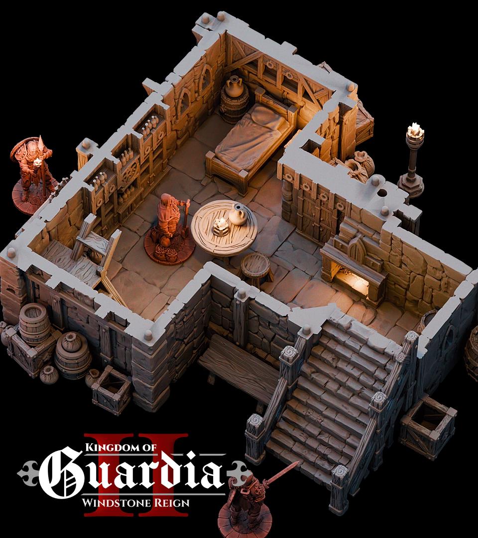 A towering windmill pierces the dark sky, each floor layered with secrets—from the cozy quarters of a lone keeper to the enigmatic gears still grinding above. Lit from within, this terrain piece beckons adventurers into its mysteries. Barrels, sacks, and crates scatter the exterior while removable levels reveal rooms built for story-rich exploration.