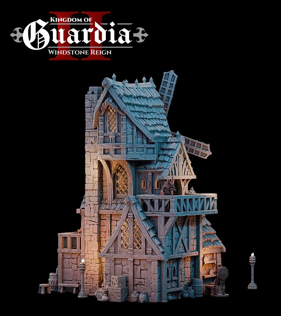A towering windmill pierces the dark sky, each floor layered with secrets—from the cozy quarters of a lone keeper to the enigmatic gears still grinding above. Lit from within, this terrain piece beckons adventurers into its mysteries. Barrels, sacks, and crates scatter the exterior while removable levels reveal rooms built for story-rich exploration.