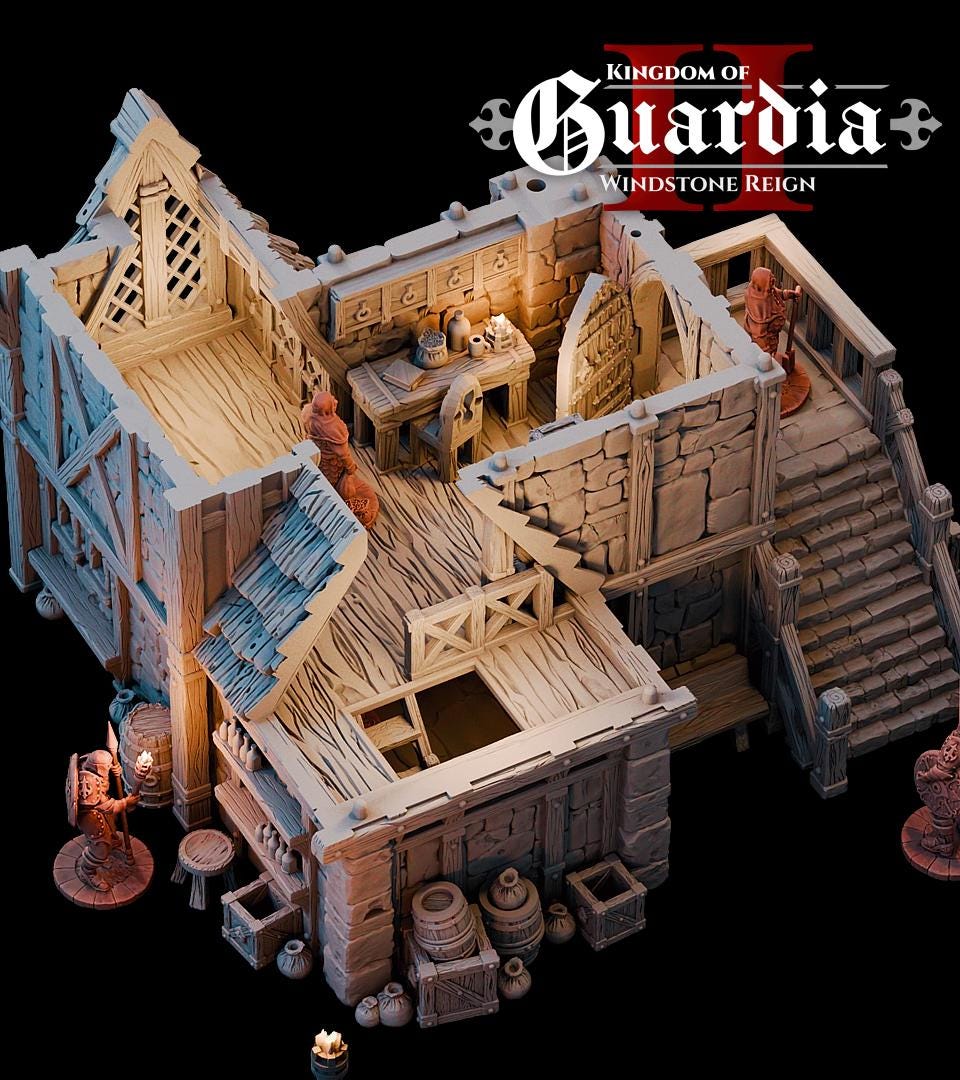A towering windmill pierces the dark sky, each floor layered with secrets—from the cozy quarters of a lone keeper to the enigmatic gears still grinding above. Lit from within, this terrain piece beckons adventurers into its mysteries. Barrels, sacks, and crates scatter the exterior while removable levels reveal rooms built for story-rich exploration.