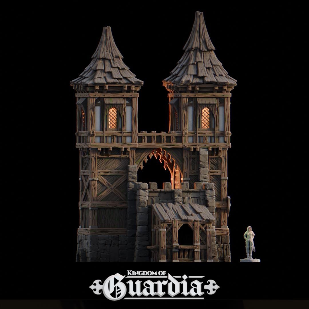Two towering spires guard a weathered stone archway, lit from within by lanterns and hidden sentries. Stone stairs ascend to the battlements while narrow walkways and timber halls link patrol routes. This is no simple checkpoint—this gate was built to last.