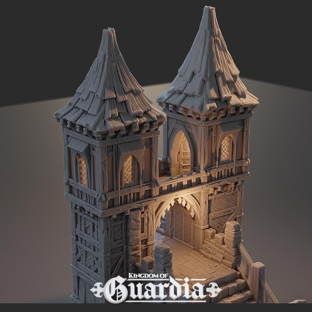 Two towering spires guard a weathered stone archway, lit from within by lanterns and hidden sentries. Stone stairs ascend to the battlements while narrow walkways and timber halls link patrol routes. This is no simple checkpoint—this gate was built to last.