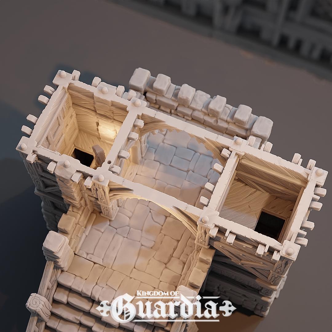 Two towering spires guard a weathered stone archway, lit from within by lanterns and hidden sentries. Stone stairs ascend to the battlements while narrow walkways and timber halls link patrol routes. This is no simple checkpoint—this gate was built to last.