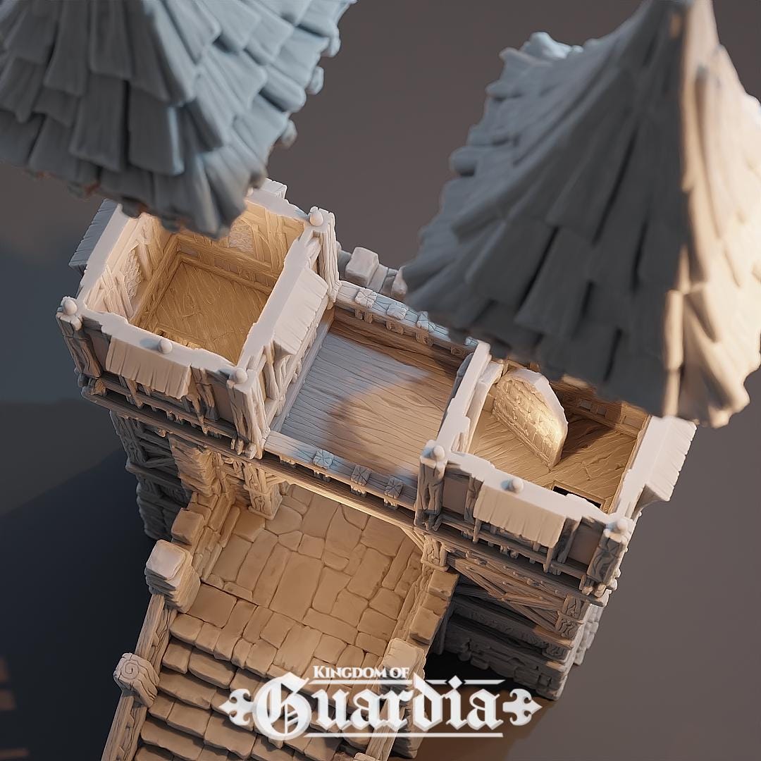 Two towering spires guard a weathered stone archway, lit from within by lanterns and hidden sentries. Stone stairs ascend to the battlements while narrow walkways and timber halls link patrol routes. This is no simple checkpoint—this gate was built to last.