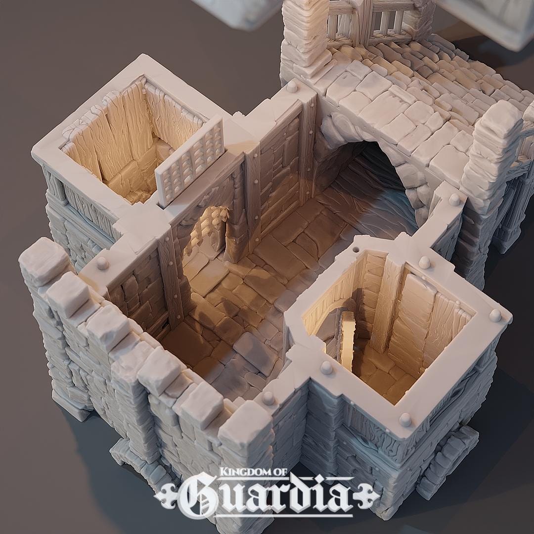 Two towering spires guard a weathered stone archway, lit from within by lanterns and hidden sentries. Stone stairs ascend to the battlements while narrow walkways and timber halls link patrol routes. This is no simple checkpoint—this gate was built to last.