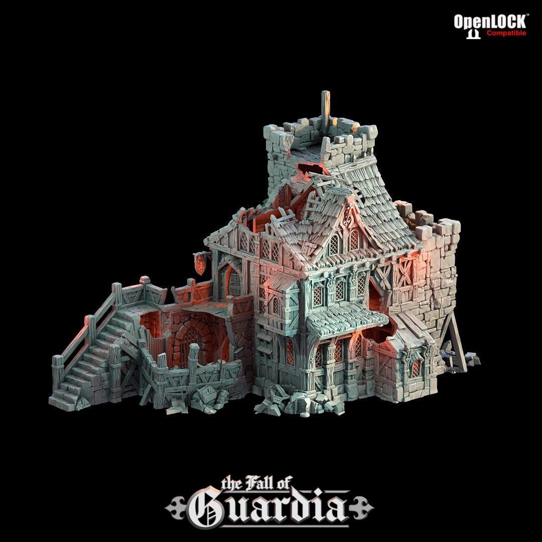Cracked stone and broken timber reveal the bones of a once-mighty inn. A knight’s keep now lies shattered—its balconies warped, its watchtower breached. Light pours through gaping holes in its frame, illuminating tavern halls, dungeon stairs, and relics forgotten. A battlefield, a home, or a trap—only your story decides.