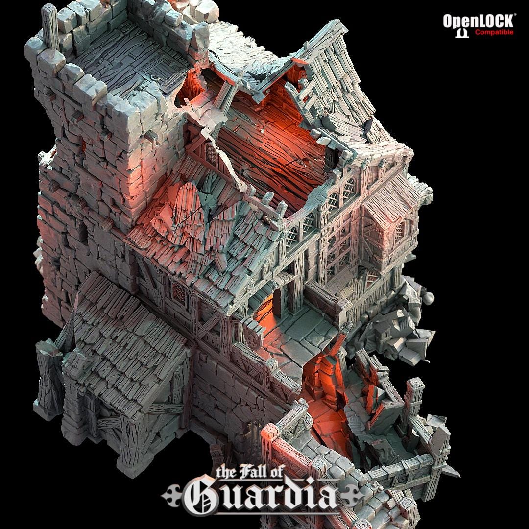 Cracked stone and broken timber reveal the bones of a once-mighty inn. A knight’s keep now lies shattered—its balconies warped, its watchtower breached. Light pours through gaping holes in its frame, illuminating tavern halls, dungeon stairs, and relics forgotten. A battlefield, a home, or a trap—only your story decides.