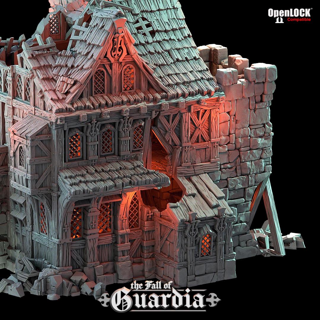 Cracked stone and broken timber reveal the bones of a once-mighty inn. A knight’s keep now lies shattered—its balconies warped, its watchtower breached. Light pours through gaping holes in its frame, illuminating tavern halls, dungeon stairs, and relics forgotten. A battlefield, a home, or a trap—only your story decides.