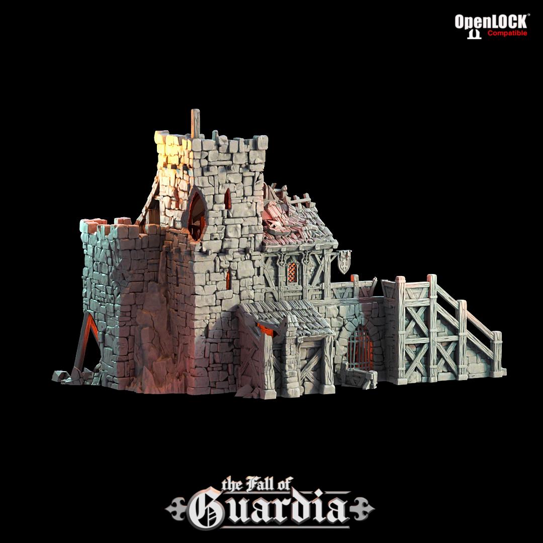 Cracked stone and broken timber reveal the bones of a once-mighty inn. A knight’s keep now lies shattered—its balconies warped, its watchtower breached. Light pours through gaping holes in its frame, illuminating tavern halls, dungeon stairs, and relics forgotten. A battlefield, a home, or a trap—only your story decides.