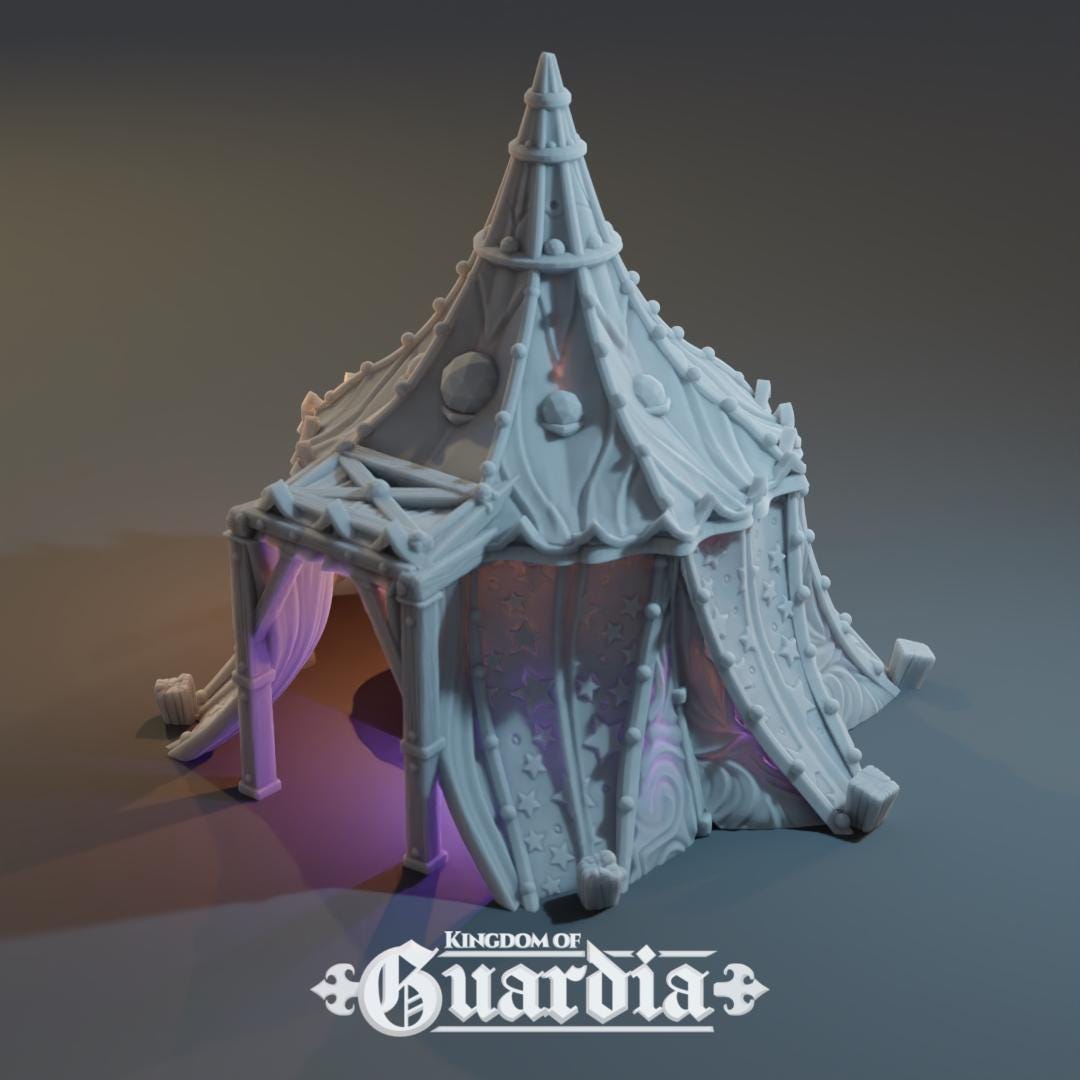 A star-patterned medieval fantasy tent glows with an otherworldly light, its interior revealing a robed fortune teller poised behind a crystal ball. The sweeping fabric walls and tall spire create an aura of mystery, perfect for a marketplace encounter, a festival scene, or a secret meeting in your next tabletop adventure.