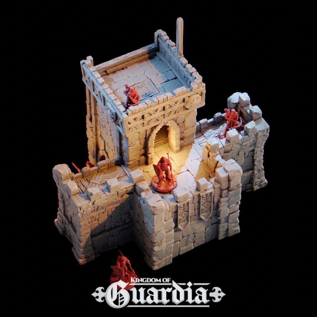 The Defensive Post rises from the battlefield as a fortified medieval bastion. Stone walls, timber reinforcements, and towering battlements dominate the field, with guards poised on high platforms and archers ready at every arrow slit. From the compact Small Post to the massive Full Post with dual towers and a roofed hall, each configuration tells a story of siege, defiance, and heroism.