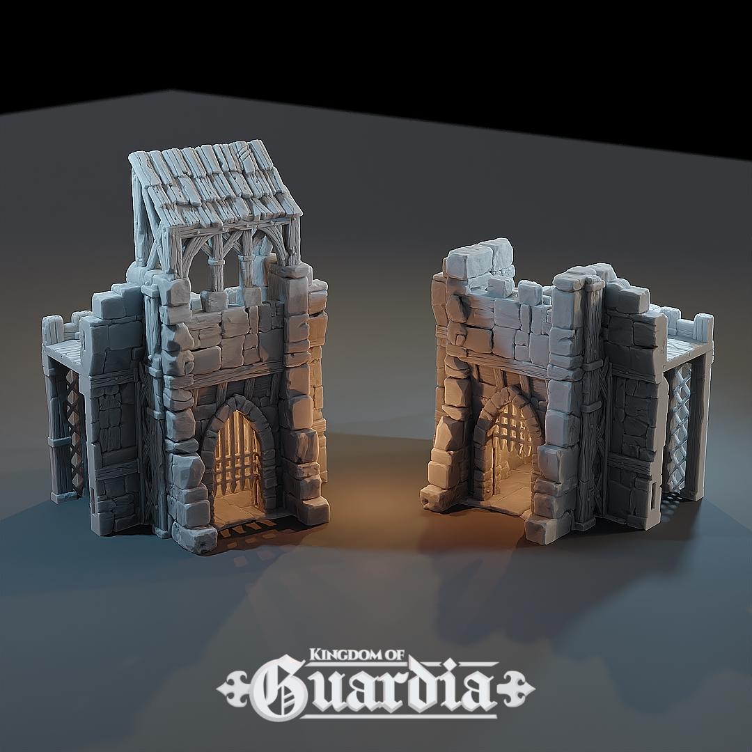 A stone fortress gate with a heavy portcullis, wooden reinforcements, and two styles of construction: a covered battlement roof for defenders to rain arrows from above, or an open-top version perfect as a versatile town or village entrance. Designed to fit seamlessly with the Guardia Wall System or stand proudly on its own.
