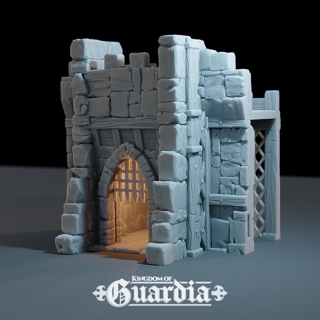 A stone fortress gate with a heavy portcullis, wooden reinforcements, and two styles of construction: a covered battlement roof for defenders to rain arrows from above, or an open-top version perfect as a versatile town or village entrance. Designed to fit seamlessly with the Guardia Wall System or stand proudly on its own.