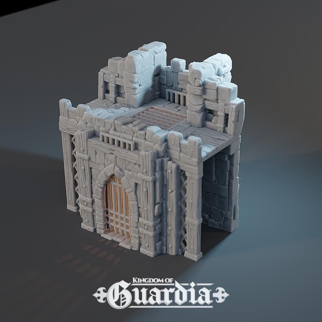 A stone fortress gate with a heavy portcullis, wooden reinforcements, and two styles of construction: a covered battlement roof for defenders to rain arrows from above, or an open-top version perfect as a versatile town or village entrance. Designed to fit seamlessly with the Guardia Wall System or stand proudly on its own.