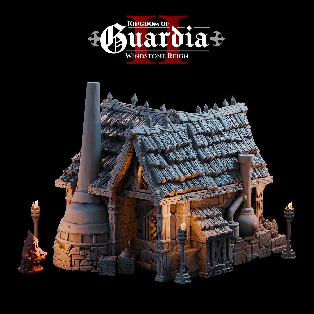 The Alchemist Hut stands on sturdy stone walls, crowned with a timber roof and smoking chimneys. Strange vats bubble along the sides, hinting at experiments within. Inside, shelves overflow with bottles, scrolls, and arcane devices. The upper loft reveals a bed and storage chest, showing the human side of a mysterious figure who lives surrounded by potions and secrets. Every level opens up, inviting dramatic encounters and alchemical mischief.