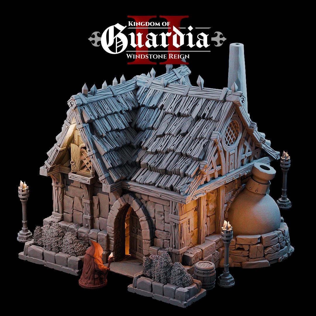 The Alchemist Hut stands on sturdy stone walls, crowned with a timber roof and smoking chimneys. Strange vats bubble along the sides, hinting at experiments within. Inside, shelves overflow with bottles, scrolls, and arcane devices. The upper loft reveals a bed and storage chest, showing the human side of a mysterious figure who lives surrounded by potions and secrets. Every level opens up, inviting dramatic encounters and alchemical mischief.