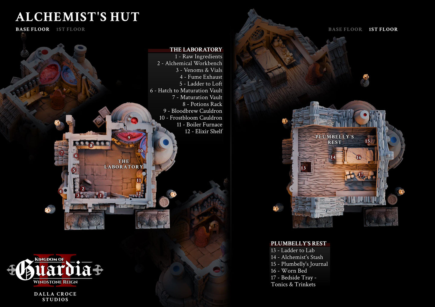 The Alchemist Hut stands on sturdy stone walls, crowned with a timber roof and smoking chimneys. Strange vats bubble along the sides, hinting at experiments within. Inside, shelves overflow with bottles, scrolls, and arcane devices. The upper loft reveals a bed and storage chest, showing the human side of a mysterious figure who lives surrounded by potions and secrets. Every level opens up, inviting dramatic encounters and alchemical mischief.
