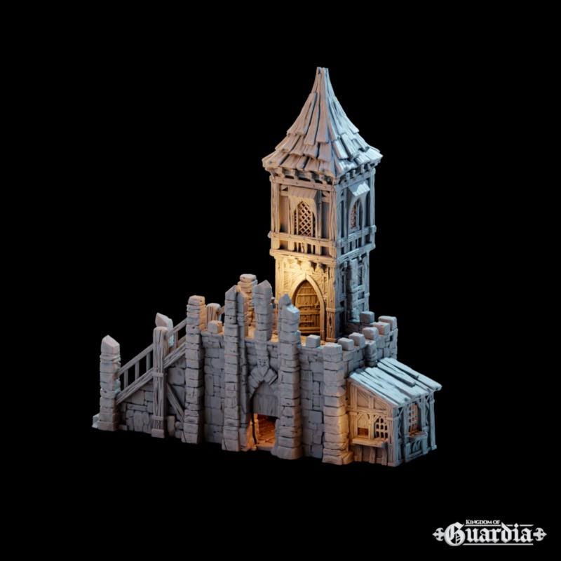 The Tinker Shop & Town Jail rises in stone and timber, its tower climbing high above the battlements. A fortified gatehouse hides barred cells below, while the upper levels reveal a craftsman’s workshop brimming with mechanical detail. The removable roof and stacked floors open the structure for skirmishes, jailbreaks, and daring rooftop showdowns.