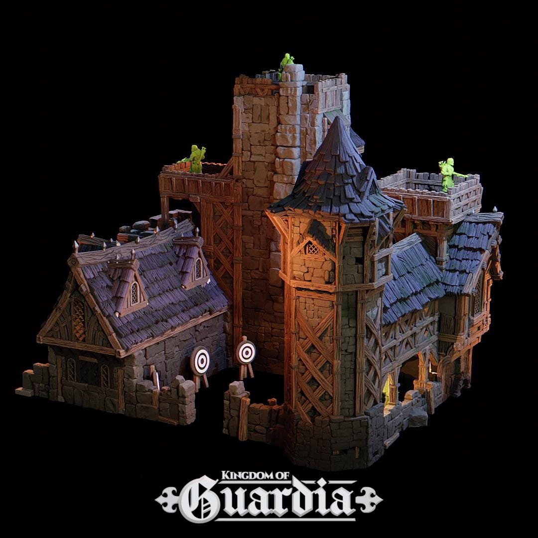 The Archery School – The Butts Compound rises with fortified stone walls, timber bridges, and training yards. The courtyard features archery targets, while towers and walkways provide elevated positions. Lit interiors and removable roofs make it fully playable, perfect for training encounters or dramatic battles.