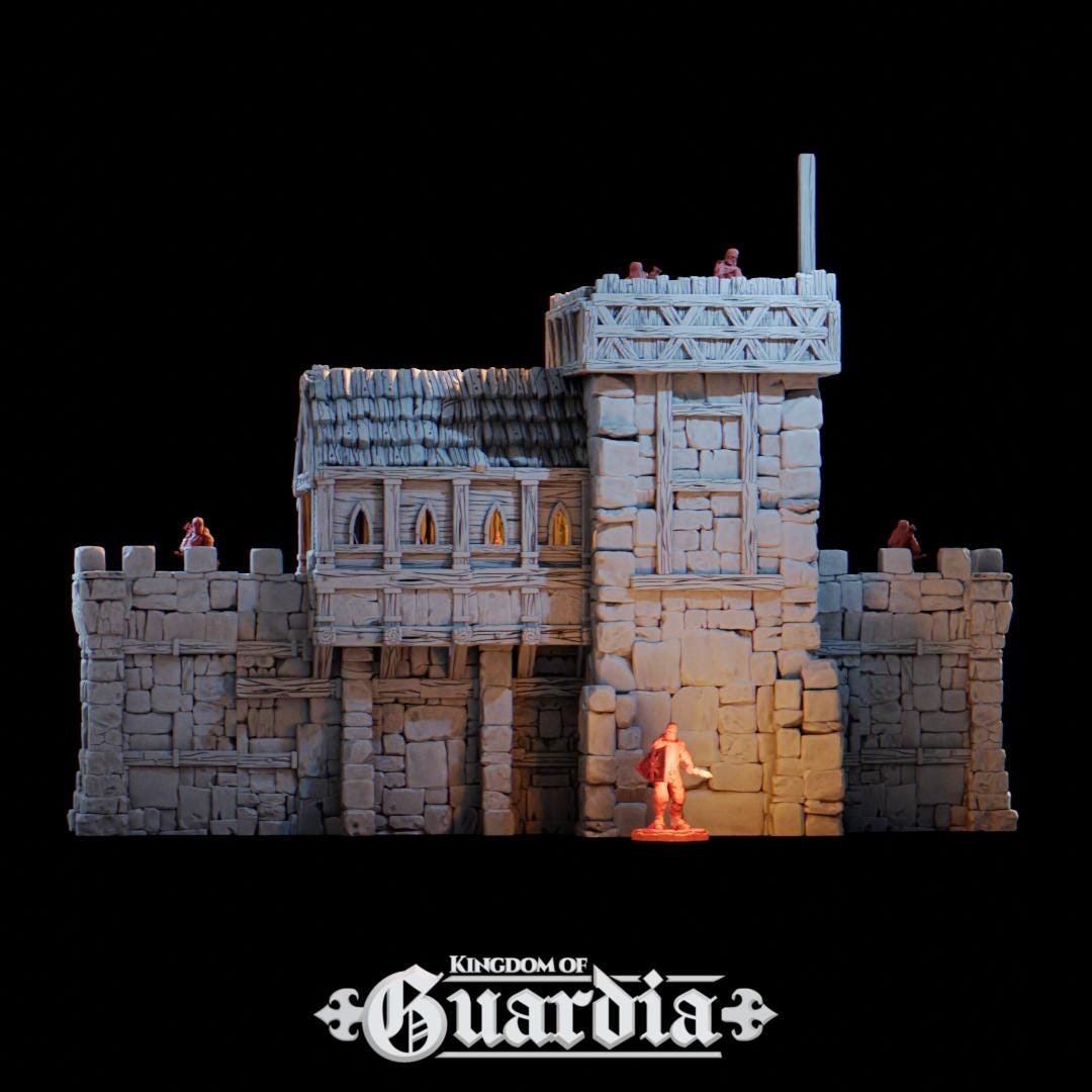 The Defensive Post rises from the battlefield as a fortified medieval bastion. Stone walls, timber reinforcements, and towering battlements dominate the field, with guards poised on high platforms and archers ready at every arrow slit. From the compact Small Post to the massive Full Post with dual towers and a roofed hall, each configuration tells a story of siege, defiance, and heroism.